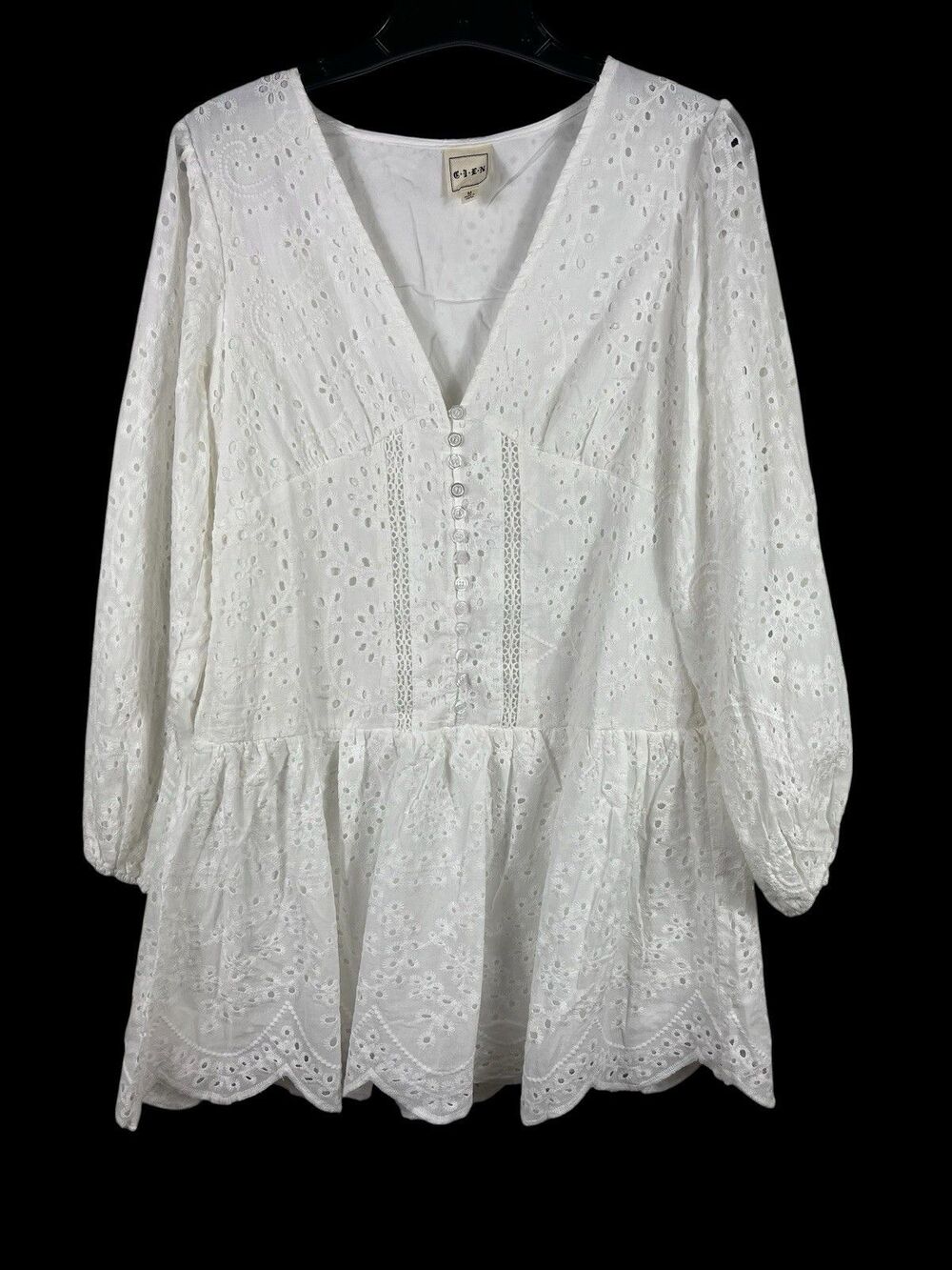 CIEN White Eyelet Button Babydoll Mini Dress M V-Neck Long Sleeve Cottagecore